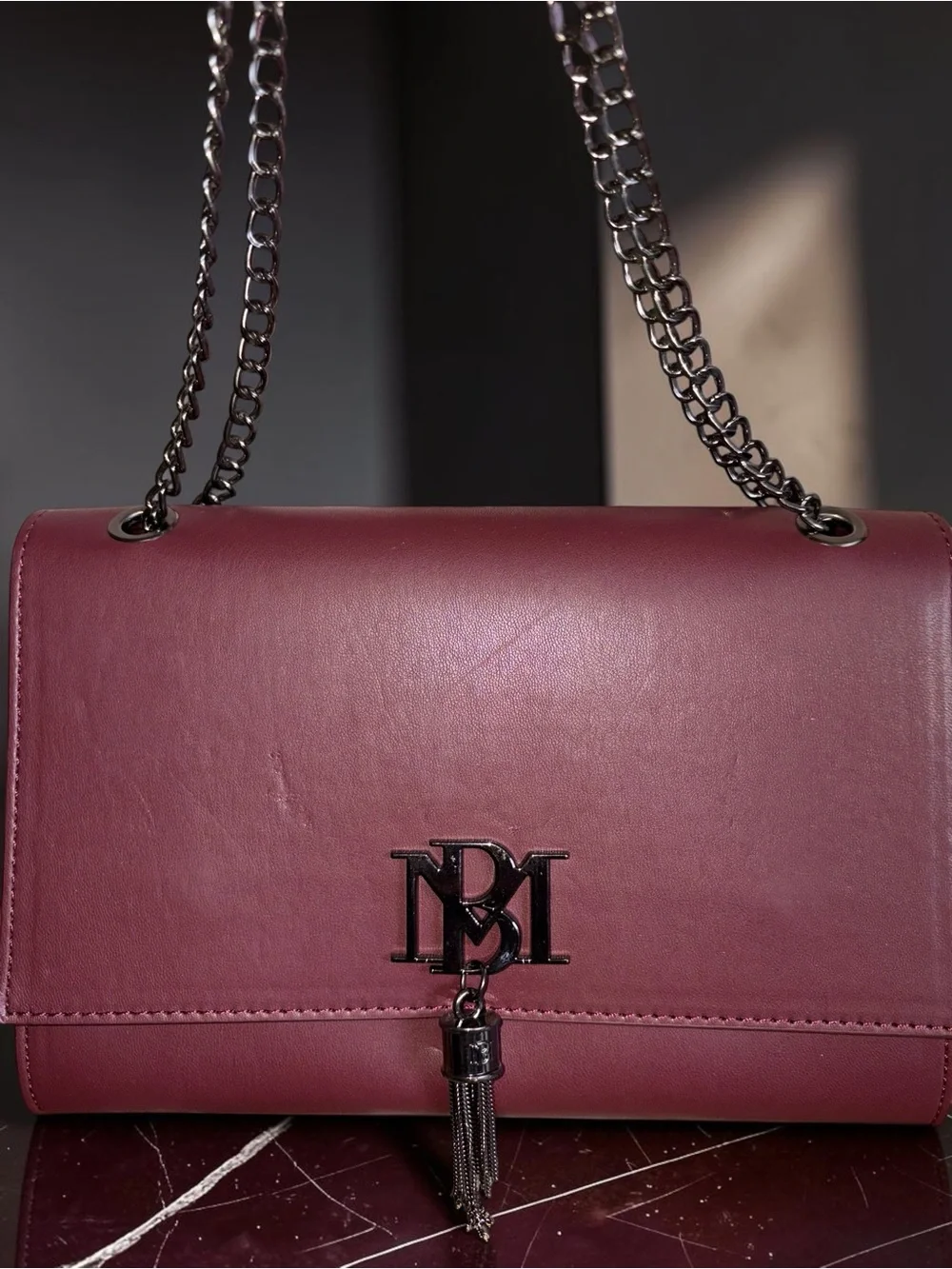 Badgley Mischka Burgundy Vegan Leather Chain Shoulder Bag